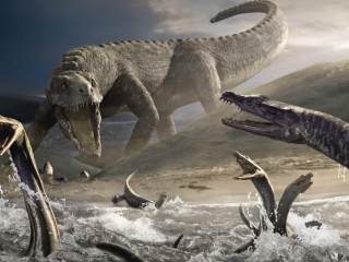 Dinosaurs beach water shark group - epic scale free wallpaper