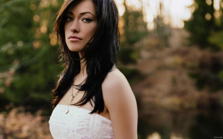 Woman white dress posing woods - the background and a river free wallpaper