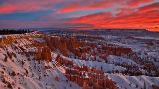Sunset snowy mountain red sky - a matte painting free wallpaper