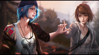 Blue hair women pointing hat - two woman free wallpaper