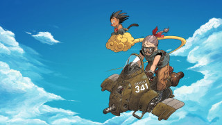 Cartoon man riding jet plane - yukito kishiro free wallpaper