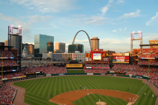 Baseball stadium arch cityscape sunset - widescreen free wallpaper