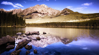 Mountain range reflection lake rocks 8 - a matte painting free wallpaper