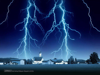 Lightning strikes rural town night - a church in the background free wallpaper