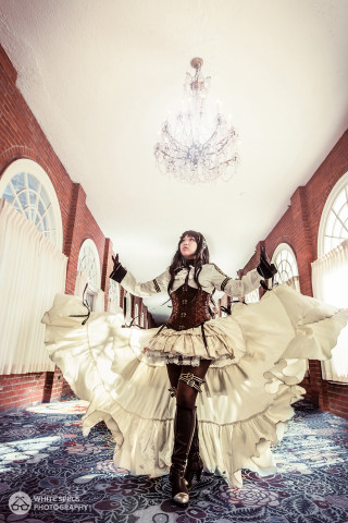 Woman white dress standing room - steampunk free wallpaper