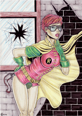 Woman pink green outfit broken - a brick wall free wallpaper