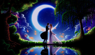 Couple moon trees reflection water 2 - romantic free wallpaper