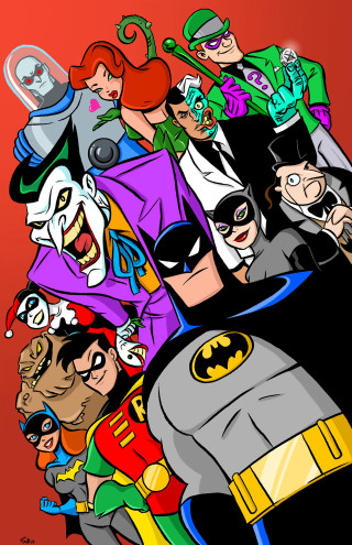 Cartoon characters red background group - bruce timm free wallpaper