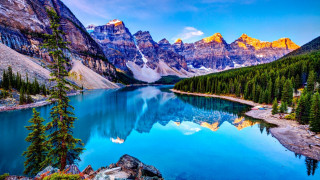 Mountain lake forest clouds sky 3 - tree and mountains free wallpaper