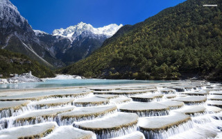 Mountain range waterfall river snow - art free wallpaper