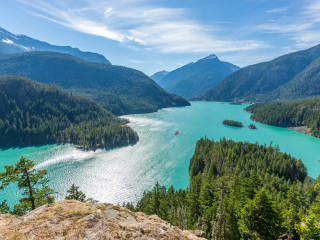 Lake mountains trees sunny boat - a matte painting free wallpaper for desktop