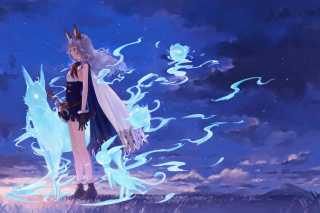 Woman blue dress blue sky - a detailed painting free wallpaper for desktop