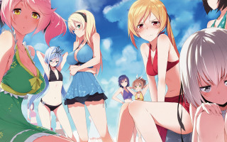 Anime girls beach sky clouds 2 - official art free wallpaper for desktop