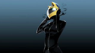 Woman black dress yellow helmet - her mouth free wallpaper