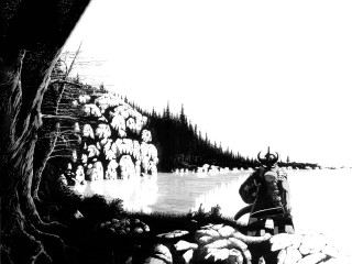 Black white man backpack lake - elden ring free wallpaper