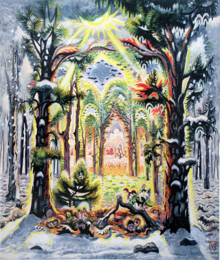 Forest sunlight person distance painting - a sun free wallpaper