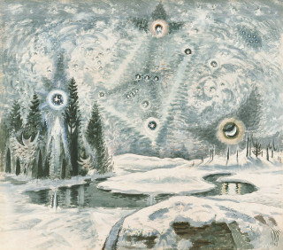 Snowy landscape trees pond bubbles - metaphysical painting free wallpaper