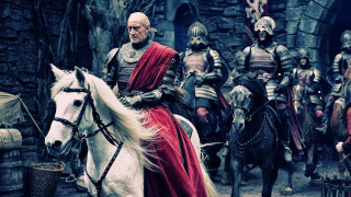 Medieval horsemen street stonebuilding redcape - a white horse free wallpaper