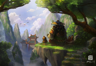 Mountain house bird flying sky - league of legends concept art free wallpaper