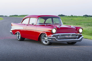 Red white classic car driving - classic free wallpaper