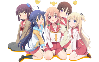 Girls sitting ground white background - official art free wallpaper for desktop