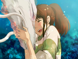 Woman hugging white wolf ocean - ghibli free wallpaper for desktop