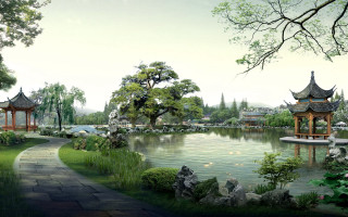 Park pond pavilions path leads 2 - the background and a path free wallpaper