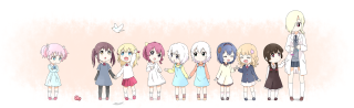 Anime girls line bird flying - above them free wallpaper