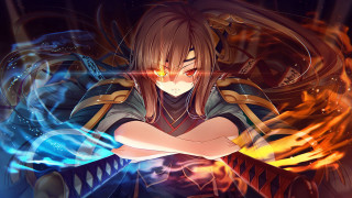 Woman arms crossed fire flames - baiōken eishun free wallpaper for desktop