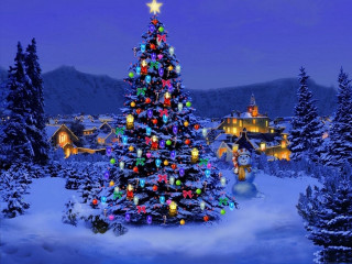 Christmas tree snow village night - the snow free wallpaper