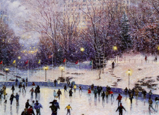Night skaters rink lights snow - impressionist free wallpaper