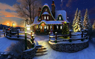 Christmas house lights snow night - kinkade free wallpaper