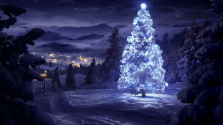 Lit christmas tree snowy night - evgeny lushpin free wallpaper