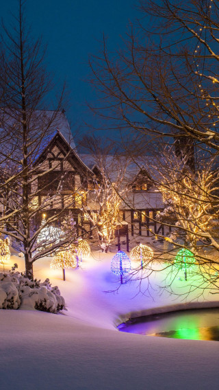 Snowy landscape lit house trees - night time free wallpaper