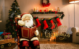 Santa claus reading book fireplace - stocking free wallpaper