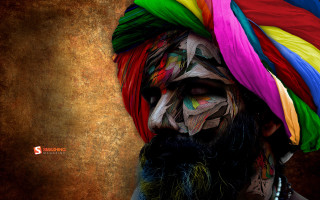 Colorful turban man beard mustache - vibrant colour free wallpaper