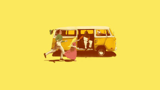 Yellow van man woman running - ghibli free wallpaper