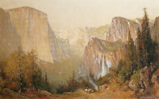 Mountain horse carriage foreground background - a painting of a mountain scene free wallpaper