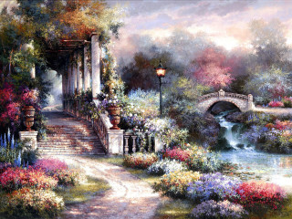 Garden bridge flowers light pole - a painting of a garden free wallpaper