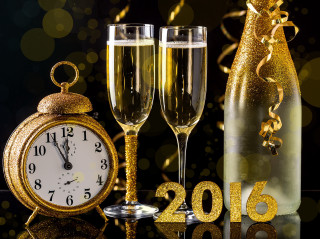 Clock champagne flutes bottle gold - a gold ribbon free wallpaper
