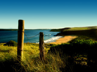 Wooden fence grassy hill ocean 2 - a wooden fence free wallpaper