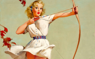 Woman bow arrow red maple - an art deco painting free wallpaper