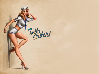 Woman sailor outfit leaning wall - digital painting free wallpaper