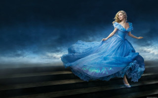 Woman blue dress walking stairs 2 - cloud behind her free wallpaper