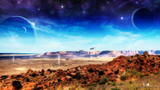 Desert mountain sky planets plane - the background and a plane free wallpaper