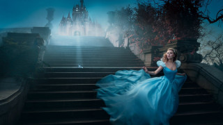 Woman blue dress stairs castle - a castle free wallpaper