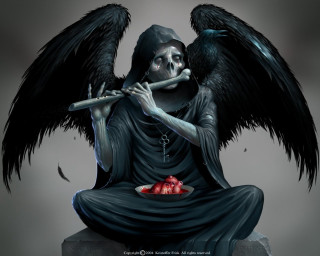 Grimy angel flute skull wings - dark fantasy art free wallpaper