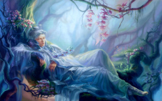 Woman bench forest flowers head - a painting of a woman free wallpaper