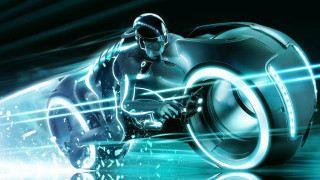 Futuristic man motorcycle blue green - 8 k concept art free wallpaper