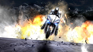 Motorcycle air fire person ground - action scene free wallpaper